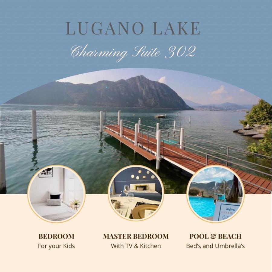 Luganersee, Pool, Strand, Parkplatz, Suite 比索内 外观 照片